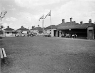 Footscray Trugo Club 1950, game in progress played with croquet mallet and disk. Maribyrnong Library Service, Pictures owned by Footscray Historical Society, 'Ercildoune', 66 Napier Street, Footscray 3011