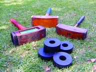 Three Trugo mallets and four rings. John McMahon's mallet (left) Yarraville Trugo Club 2008